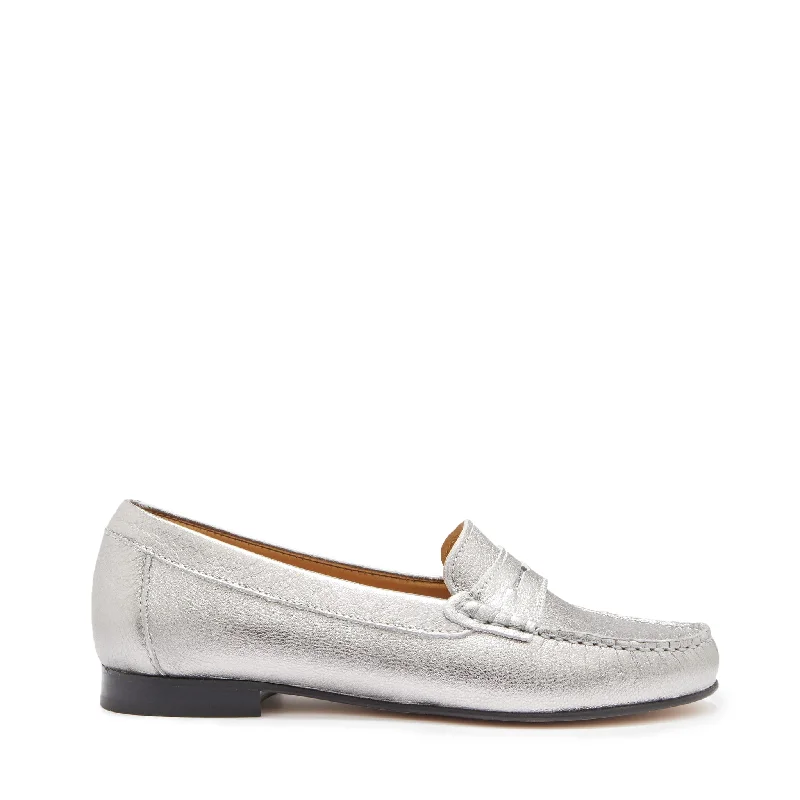 Slip - Resistant Women's Rubber - Sole Loafers in Navy for Wet ConditionsWomen's Penny Loafers Leather Sole, titanium metallic leather