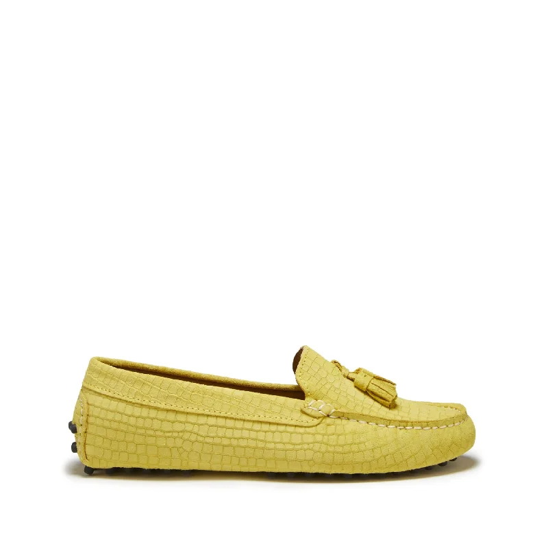 Women's Tassel - Trimmed Loafers with a Low Heel in Olive Green for a Trendy TwistWomen's Tasselled Driving Loafers, yellow embossed suede Women's Tassel - Trimmed Loafers with a Low Heel in Olive Green for a Trendy TwistWomen's Tasselled Driving Loafers, yellow embossed suede