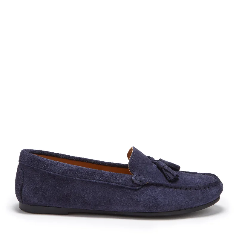 Shock - Absorbing Women's Loafers in Gray for Active LifestylesWomen's Tasselled Driving Loafers Full Rubber Sole, navy blue suede Shock - Absorbing Women's Loafers in Gray for Active LifestylesWomen's Tasselled Driving Loafers Full Rubber Sole, navy blue suede
