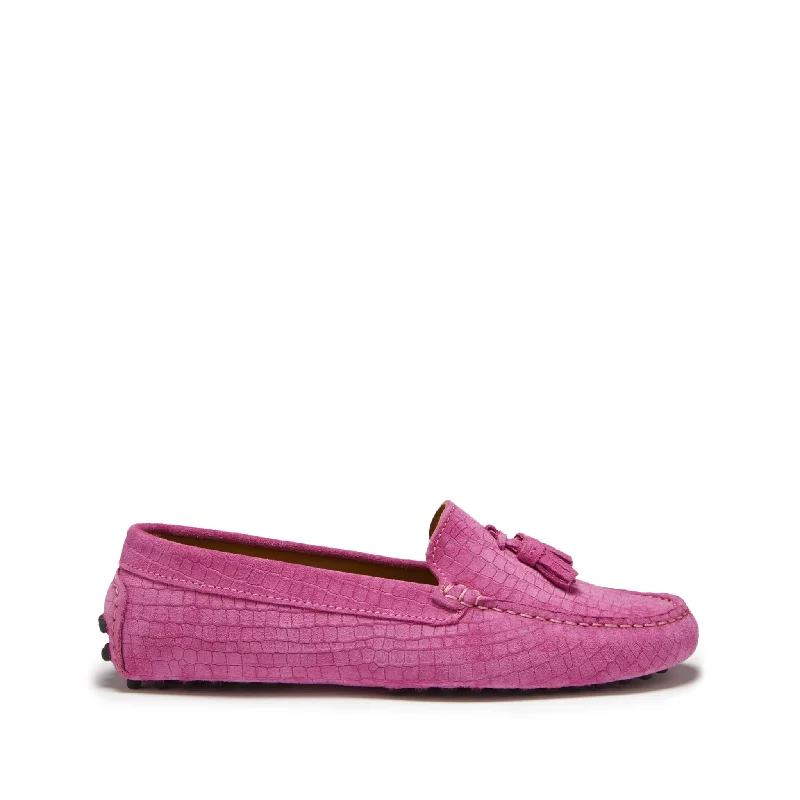 Adjustable Strap Women's Loafers in Tan for a Custom FitWomen's Tasselled Driving Loafers, pink embossed suede Adjustable Strap Women's Loafers in Tan for a Custom FitWomen's Tasselled Driving Loafers, pink embossed suede