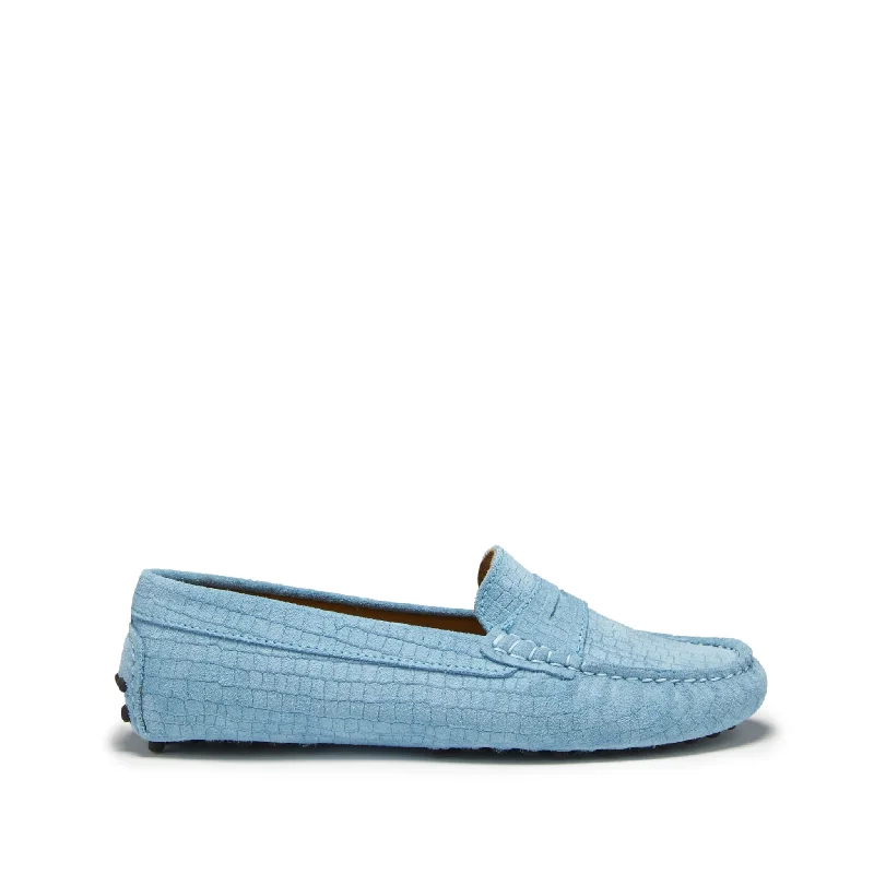 Sustainable Women's Recycled Material Loafers in Gray for Eco - Conscious ShoppersWomen's Penny Driving Loafers, blue embossed suede Sustainable Women's Recycled Material Loafers in Gray for Eco - Conscious ShoppersWomen's Penny Driving Loafers, blue embossed suede