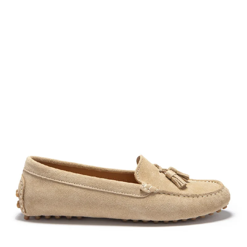 Women's Premium Leather Tassel Loafers in Dark Brown for a Classic Office LookWomen's Tasselled Driving Loafers, taupe suede Women's Premium Leather Tassel Loafers in Dark Brown for a Classic Office LookWomen's Tasselled Driving Loafers, taupe suede