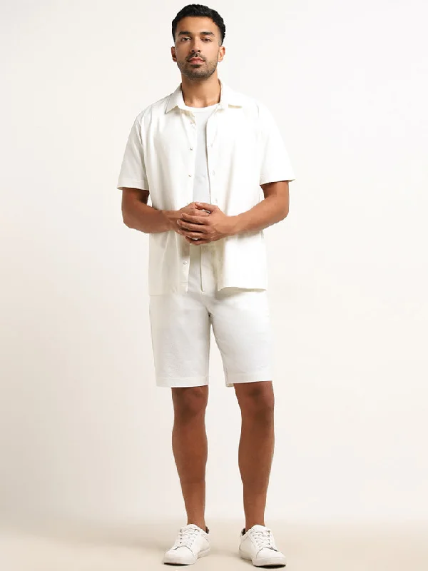 Ascot White Textured Relaxed Fit Mid Rise Shorts