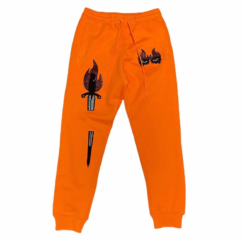 Men's Double Eye Sword Rhinestone Sweatpants In Orange