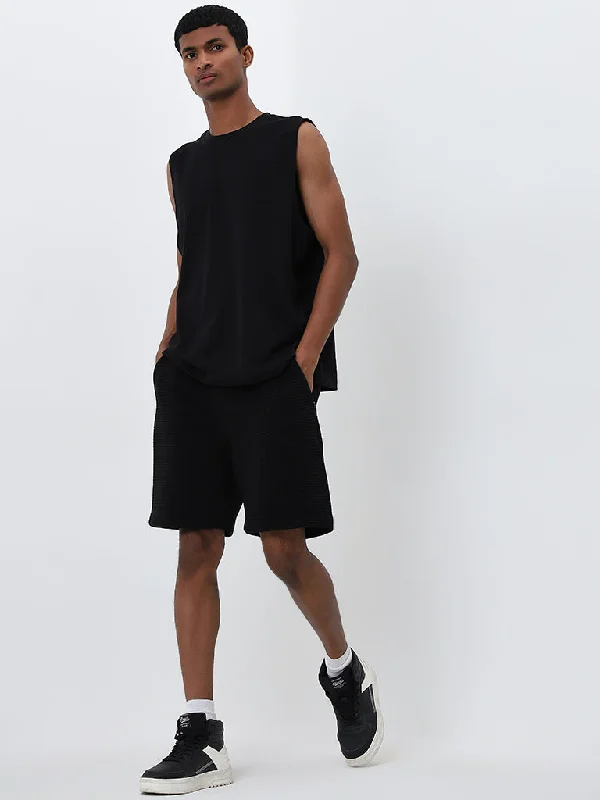 Studiofit Black Ribbed Relaxed-Fit Mid-Rise Shorts