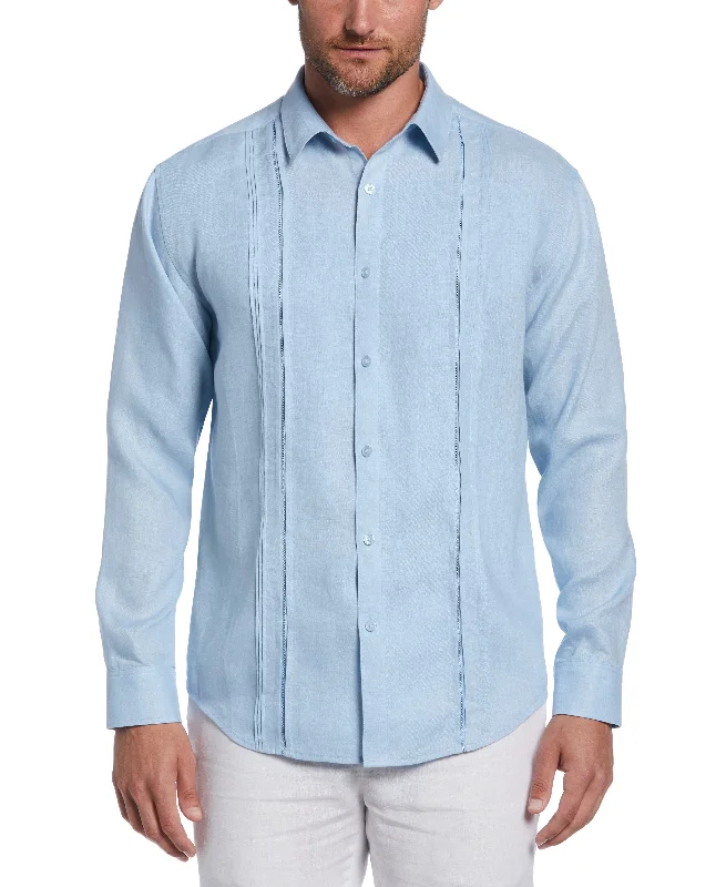 Linen Embroidered Tuck Panel Guayabera Shirt