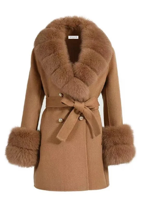 LUNA Short Camel Cashmere Coat with Fox Fur