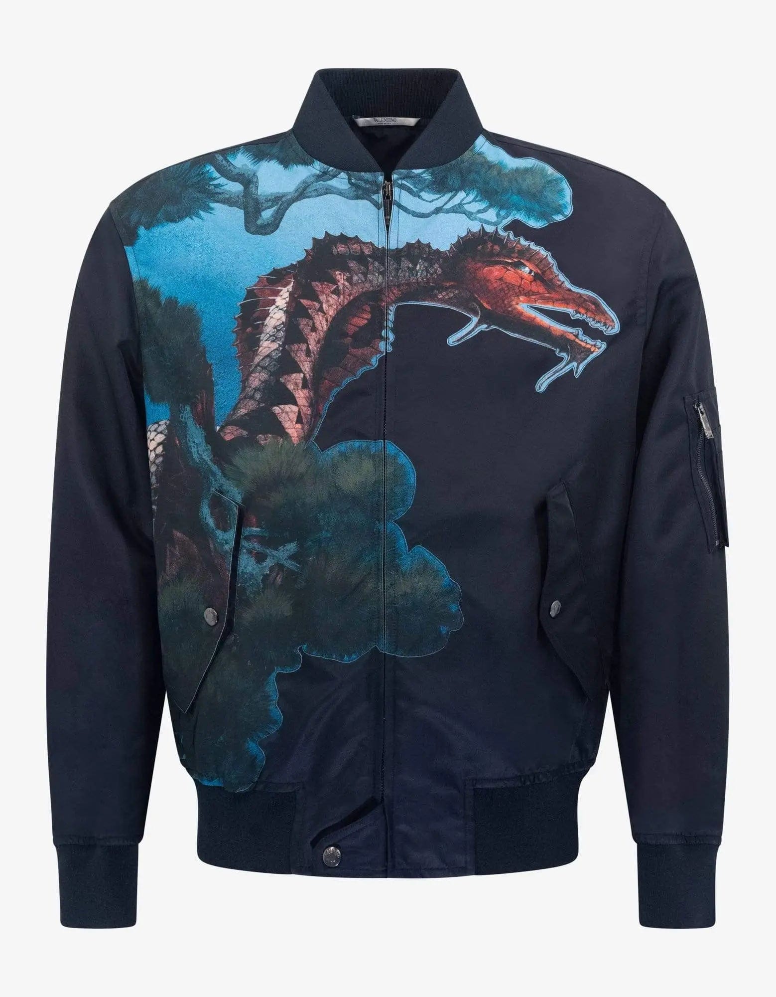 Valentino Garavani Navy Blue Dragons Garden Bomber Jacket