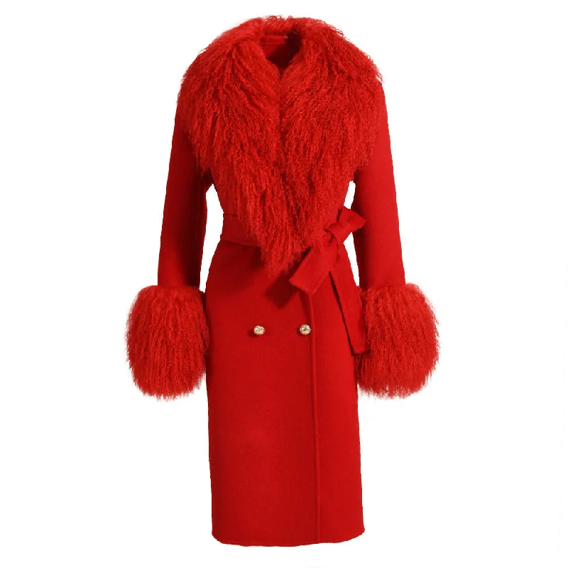 LEONIE Red Cashmere Coat with Mongolian Fur