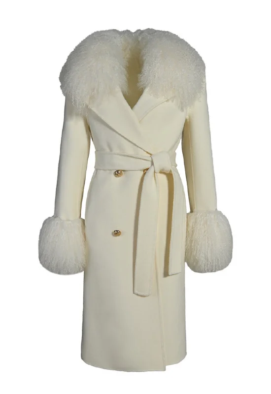 Signature off white cashmere coat with mongolian fur