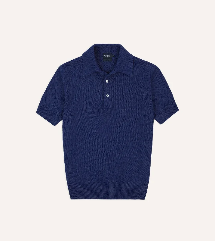 Blue Knitted Crepe Cotton Short-Sleeve Polo Shirt