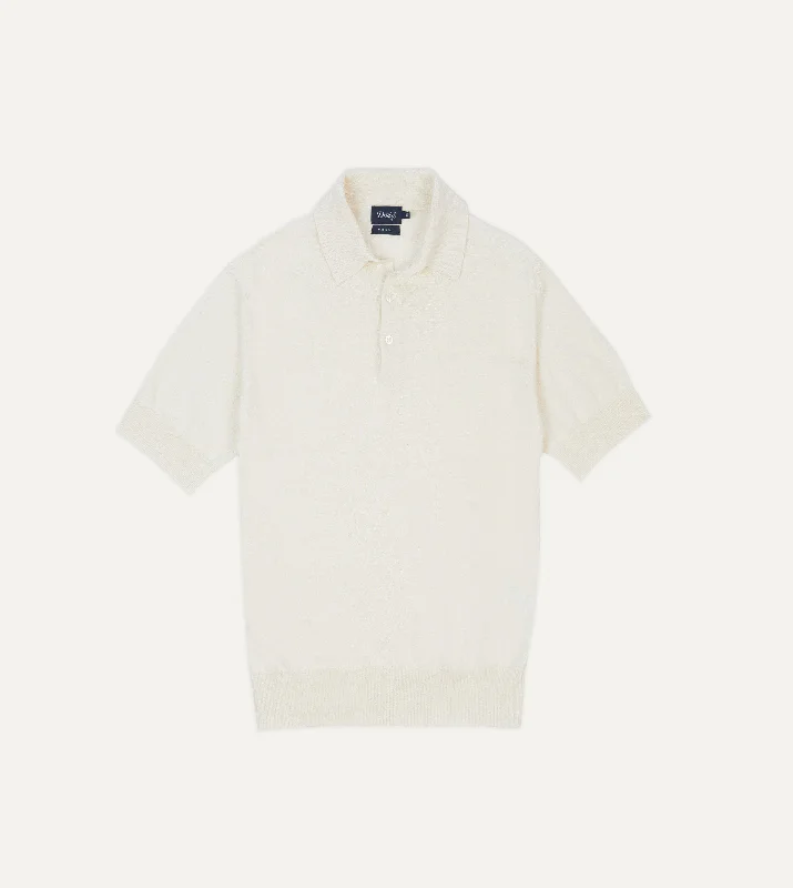 Ecru Knitted Crepe Cotton Short-Sleeve Polo Shirt