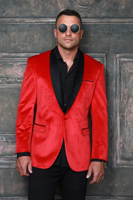 MZV-515 I MANZINI MODERN FIT VELEVET BLAZER WITH STONE I RED-BLACK