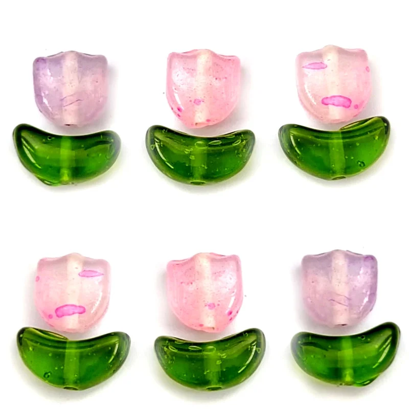 Pink & Green Tulip Flowers Leaves Set Fancy Glass Beads