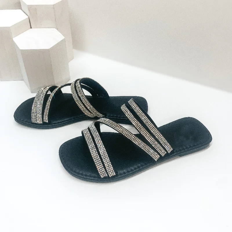 Women's Rhinestone - Embellished Open - Toe Sandals in Silver for a Glamorous Party LookSleek Strides Crystal Strappy Slide On Sandals in Black Women's Rhinestone - Embellished Open - Toe Sandals in Silver for a Glamorous Party LookSleek Strides Crystal Strappy Slide On Sandals in Black