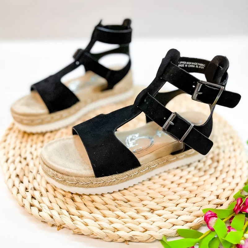 Women's Cork - Soled Espadrille Sandals with a Rope - Trimmed Upper in Navy for a Summer VibeVery G | Coming In Hot Strappy Double Buckle Platform Sandals in Black Suede Women's Cork - Soled Espadrille Sandals with a Rope - Trimmed Upper in Navy for a Summer VibeVery G | Coming In Hot Strappy Double Buckle Platform Sandals in Black Suede