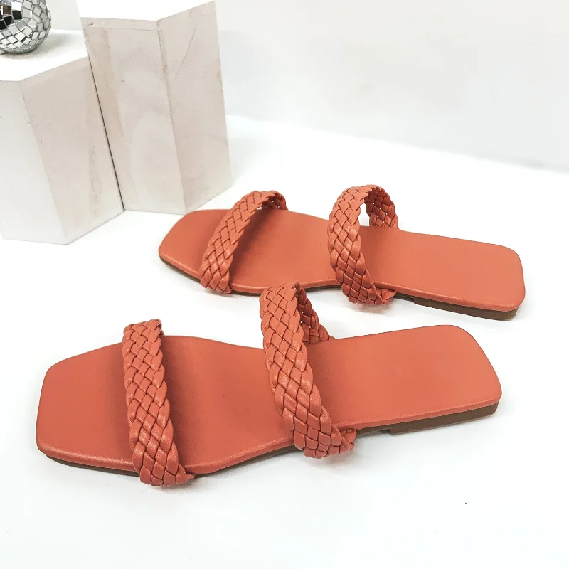 Women's Sandals with a Floral - Printed Upper in Pink for a Feminine Spring LookUptown Stroll Braided Two Strap Slide On Sandals in Coral Women's Sandals with a Floral - Printed Upper in Pink for a Feminine Spring LookUptown Stroll Braided Two Strap Slide On Sandals in Coral