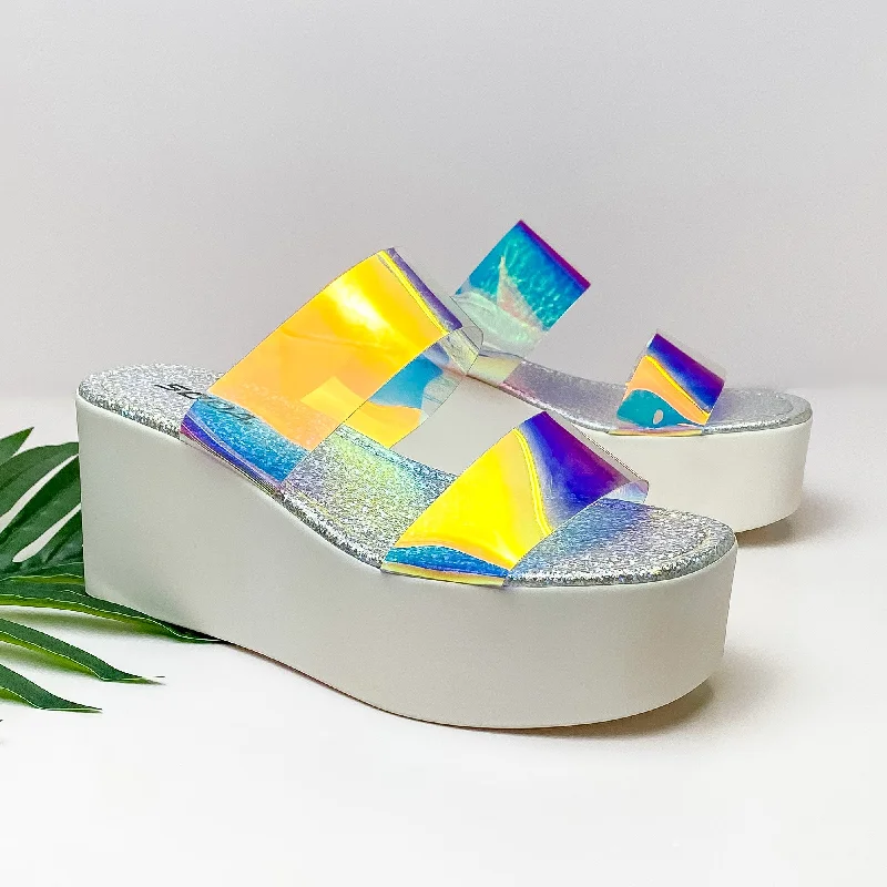 Child - Friendly Women's Sandals with a Secure Buckle in Purple for Moms on the GoFeeling Brand New Two Strap White Platform Wedges in Iridescent Child - Friendly Women's Sandals with a Secure Buckle in Purple for Moms on the GoFeeling Brand New Two Strap White Platform Wedges in Iridescent