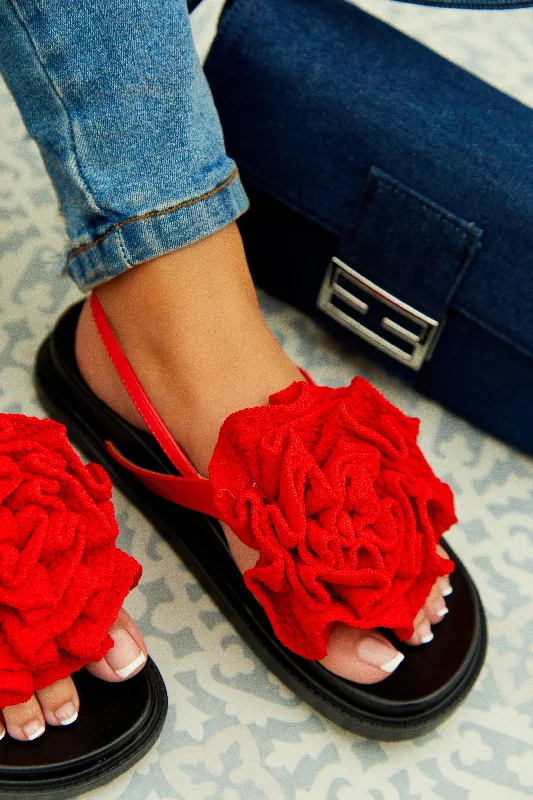 Women's Ankle - Strap Sandals with a Block Heel in Red for a Sophisticated StyleWomen's Ankle - Strap Sandals with a Block Heel in Red for a Sophisticated StyleFlorence Flower Chunky Sandals - Red