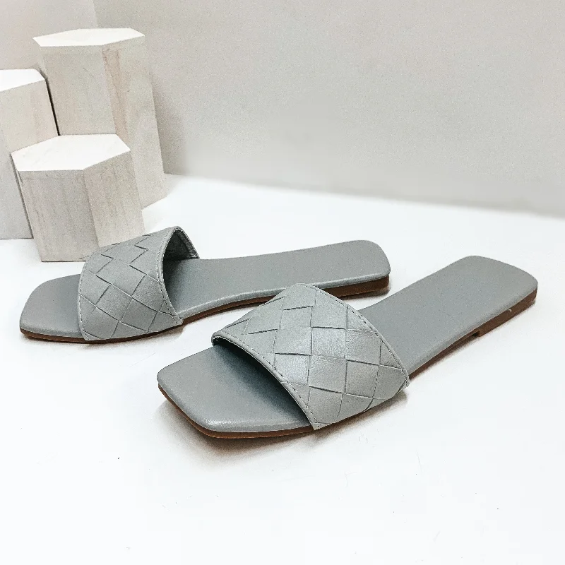 Child - Friendly Women's Sandals with a Secure Buckle in Purple for Moms on the GoAlways Looking Up Basket Weave One Strap Slide On Sandals in Grey Child - Friendly Women's Sandals with a Secure Buckle in Purple for Moms on the GoAlways Looking Up Basket Weave One Strap Slide On Sandals in Grey