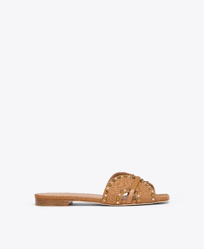 Women's Rhinestone - Embellished Open - Toe Sandals in Silver for a Glamorous Party LookKeke Brown Linen Flat Sandals Women's Rhinestone - Embellished Open - Toe Sandals in Silver for a Glamorous Party LookKeke Brown Linen Flat Sandals