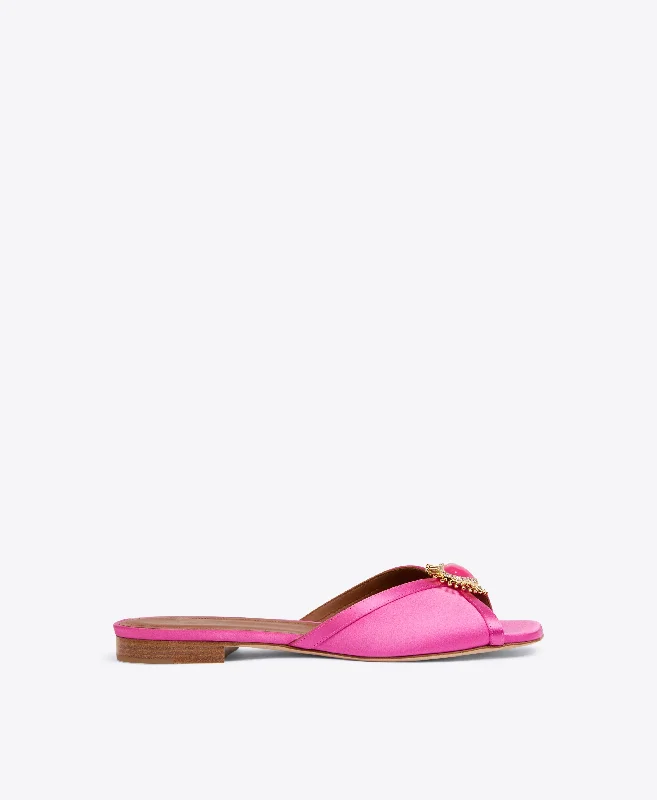 Women's Flat Slide Sandals with a Memory Foam Insole in White for All - Day ComfortPerla Pink Satin Sandals Women's Flat Slide Sandals with a Memory Foam Insole in White for All - Day ComfortPerla Pink Satin Sandals