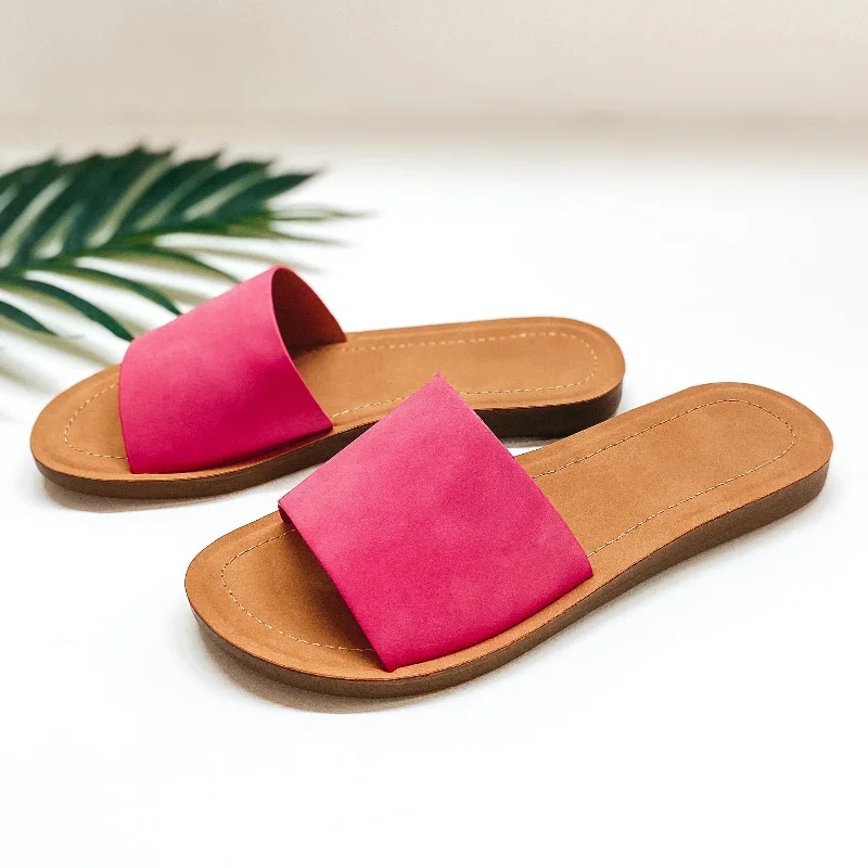 Women's Ankle - Strap Sandals with a Block Heel in Red for a Sophisticated StylePassing By Single Strap Slide On Sandals in Fuchsia Women's Ankle - Strap Sandals with a Block Heel in Red for a Sophisticated StylePassing By Single Strap Slide On Sandals in Fuchsia