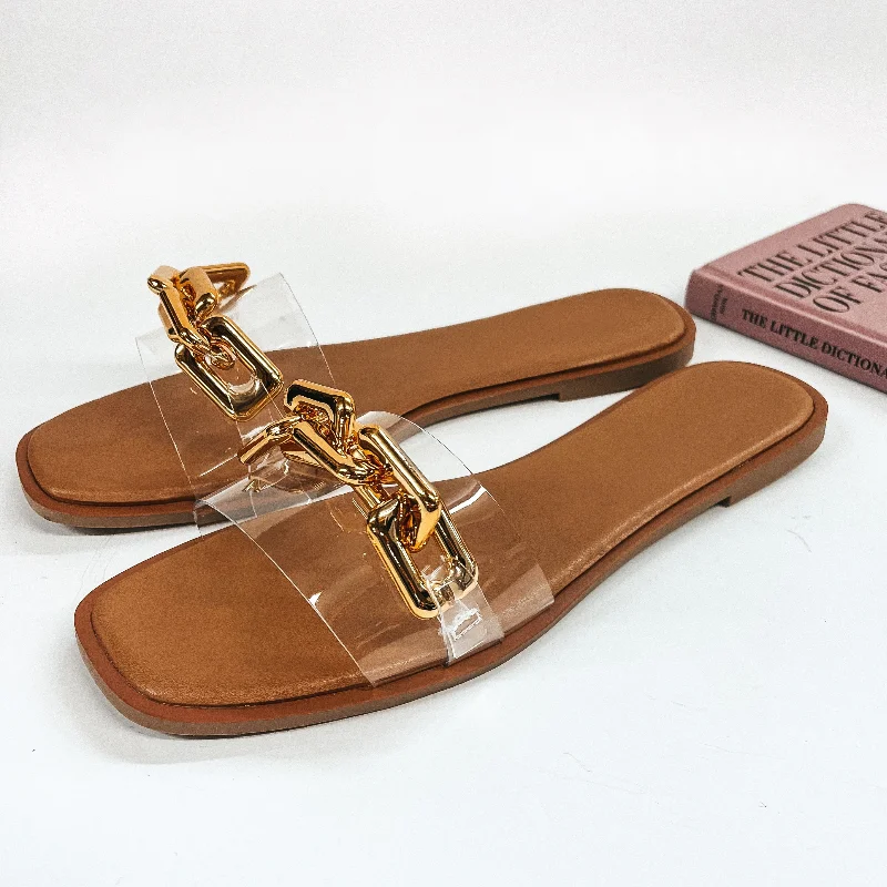 Shock - Absorbing Women's Sandals with a Soft Insole in Black for Active LifestylesResort Vibes Slide On Sandals with Gold Chain in Clear Shock - Absorbing Women's Sandals with a Soft Insole in Black for Active LifestylesResort Vibes Slide On Sandals with Gold Chain in Clear
