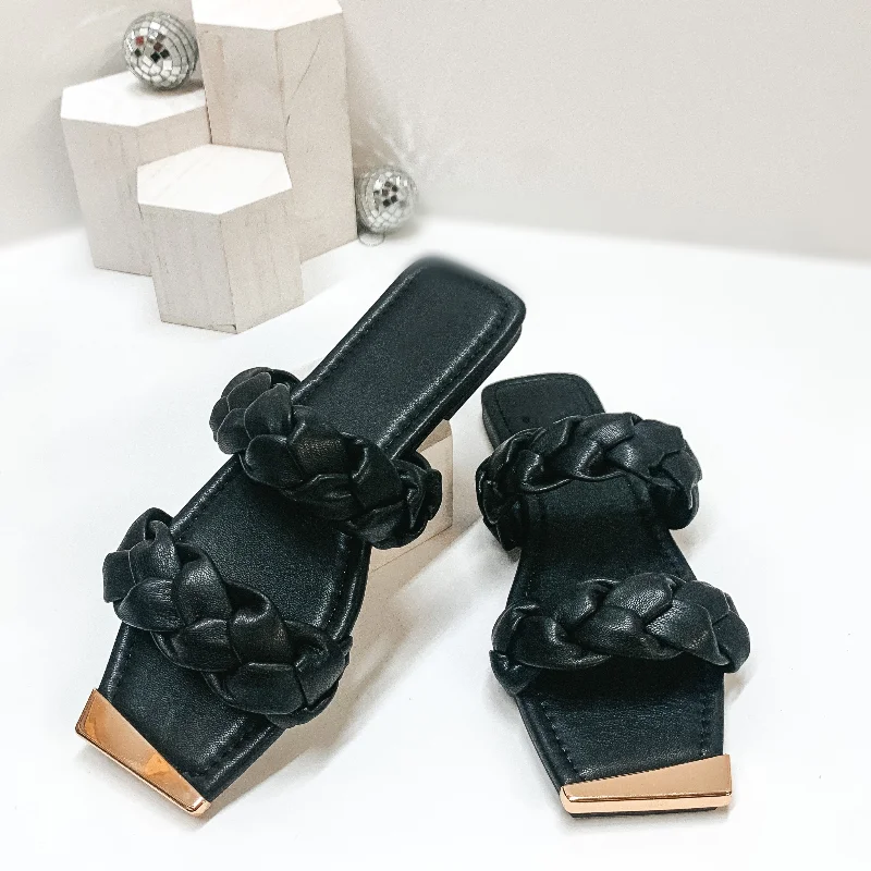 Plus Size Women's Wide - Width Platform Sandals in Black for Added Comfort and HeightSoft Smiles Two Band Braided Slide On Sandals in Black Plus Size Women's Wide - Width Platform Sandals in Black for Added Comfort and HeightSoft Smiles Two Band Braided Slide On Sandals in Black