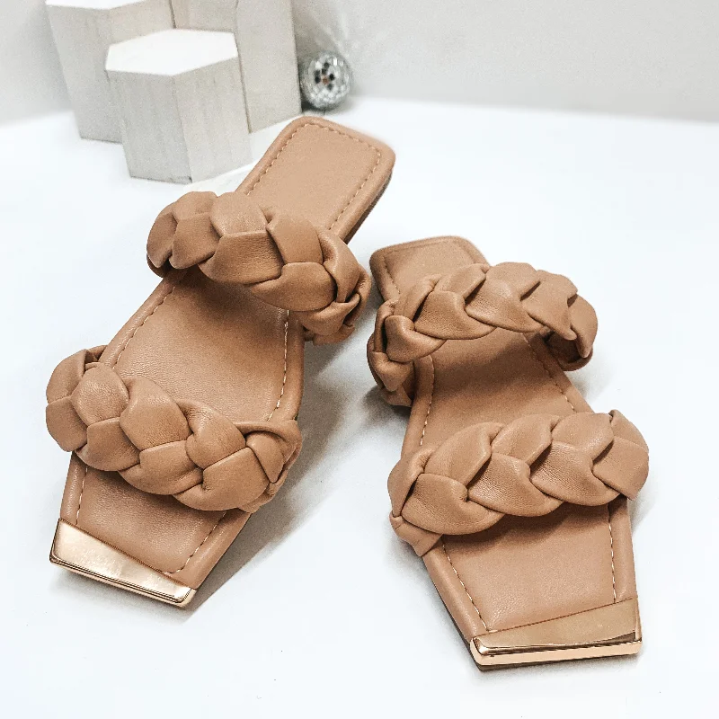 Women's Sandals with a Glitter - Coated Strap in Gold for a Sparkly Summer OutfitSoft Smiles Two Band Braided Slide On Sandals in Nude Women's Sandals with a Glitter - Coated Strap in Gold for a Sparkly Summer OutfitSoft Smiles Two Band Braided Slide On Sandals in Nude