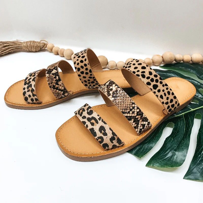 Anti - Slip Women's Sandals with a Grooved Sole in Green for Outdoor AdventuresStepping Up Three Strap Slide On Sandals in Mixed Animal Print Anti - Slip Women's Sandals with a Grooved Sole in Green for Outdoor AdventuresStepping Up Three Strap Slide On Sandals in Mixed Animal Print