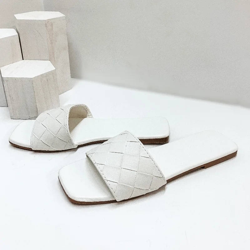 Shock - Absorbing Women's Sandals with a Soft Insole in Black for Active LifestylesAlways Looking Up Basket Weave One Strap Slide On Sandals in White Shock - Absorbing Women's Sandals with a Soft Insole in Black for Active LifestylesAlways Looking Up Basket Weave One Strap Slide On Sandals in White