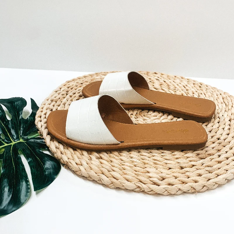 Women's Flat Slide Sandals with a Memory Foam Insole in White for All - Day ComfortAlways in the Lead Crocodile Slide On Sandals in White Women's Flat Slide Sandals with a Memory Foam Insole in White for All - Day ComfortAlways in the Lead Crocodile Slide On Sandals in White