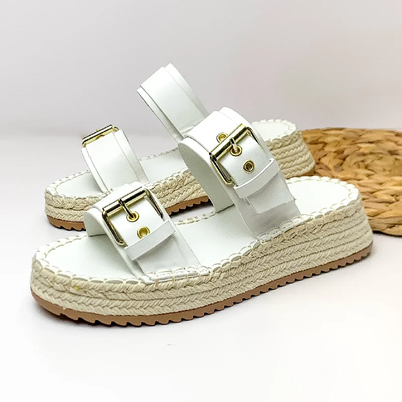 Waterproof Women's Rubber Beach Sandals with Arch Support in Blue for Water ActivitiesYacht Trip Two Strap Slide On Espadrille Platform Sandals with Gold Buckles in White Waterproof Women's Rubber Beach Sandals with Arch Support in Blue for Water ActivitiesYacht Trip Two Strap Slide On Espadrille Platform Sandals with Gold Buckles in White