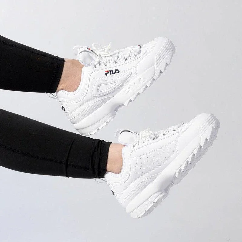 Breathable Mesh Women's Running Sneakers with Reflective Trim for Nighttime JoggingFILA Disruptor II Ladies Sneaker - White Fila/Navy Fila/Red Fila Breathable Mesh Women's Running Sneakers with Reflective Trim for Nighttime JoggingFILA Disruptor II Ladies Sneaker - White Fila/Navy Fila/Red Fila