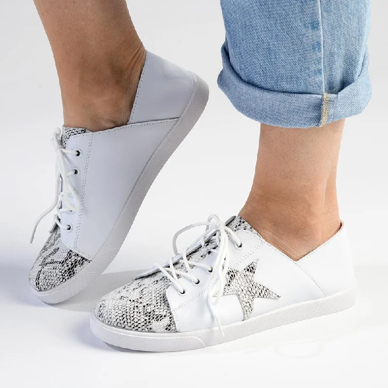Vegan - Friendly Women's Sneakers Made from Recycled Materials for an Eco - Conscious ChoiceJulz Nicki Leather Sneaker With Star Detail -White/Silver Vegan - Friendly Women's Sneakers Made from Recycled Materials for an Eco - Conscious ChoiceJulz Nicki Leather Sneaker With Star Detail -White/Silver